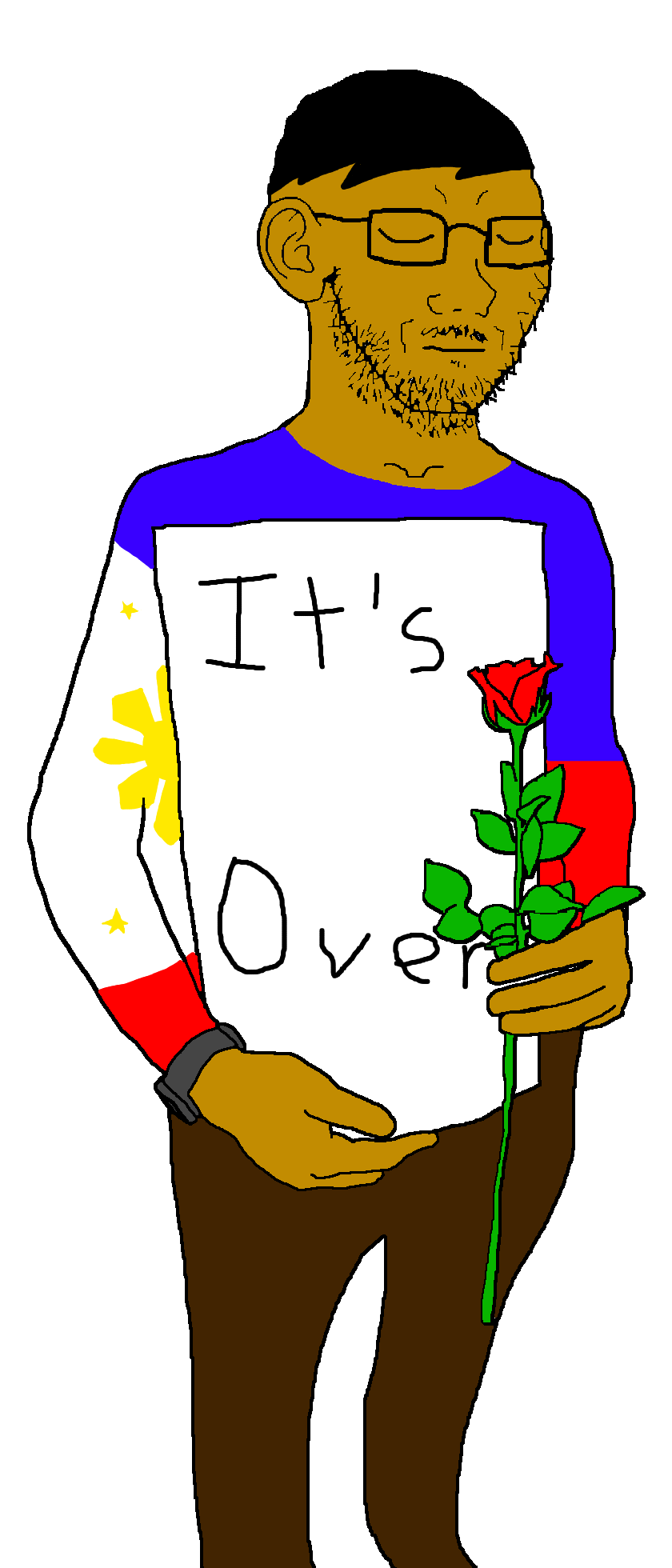 soyak, mournjak, its over, brown skin, dark hair, filipino, full body, holding object, holding sign, its over (phrase)