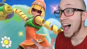 esam, arms (video game), clothes, ear, glasses, hands, looking to the left, minmin, open mouth, red shirt