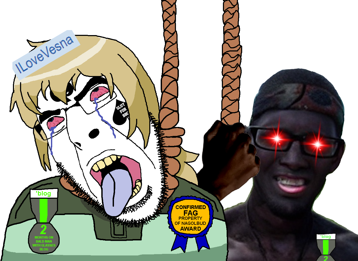 cobson, anime, award, beard, black skin, blacked, blonde hair, blue eyes, crying, dead