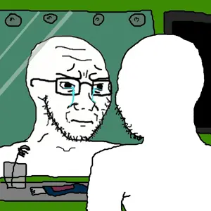 soyak, 2soyjaks, back, bathroom, closed mouth, concerned, crying, cup, glasses, mirror