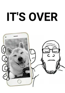 markiplier soyjak, its over, black and white, dead, doge, holding object, holding phone, its over (phrase), phone, rip