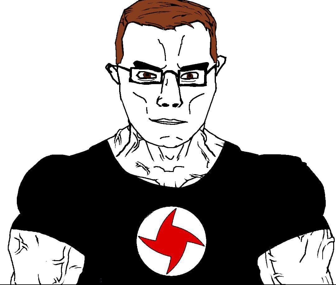chudjak, chudjak front, muscular chud, brown eyes, brown hair, buff, closed mouth, clothes, ear, eyebrows