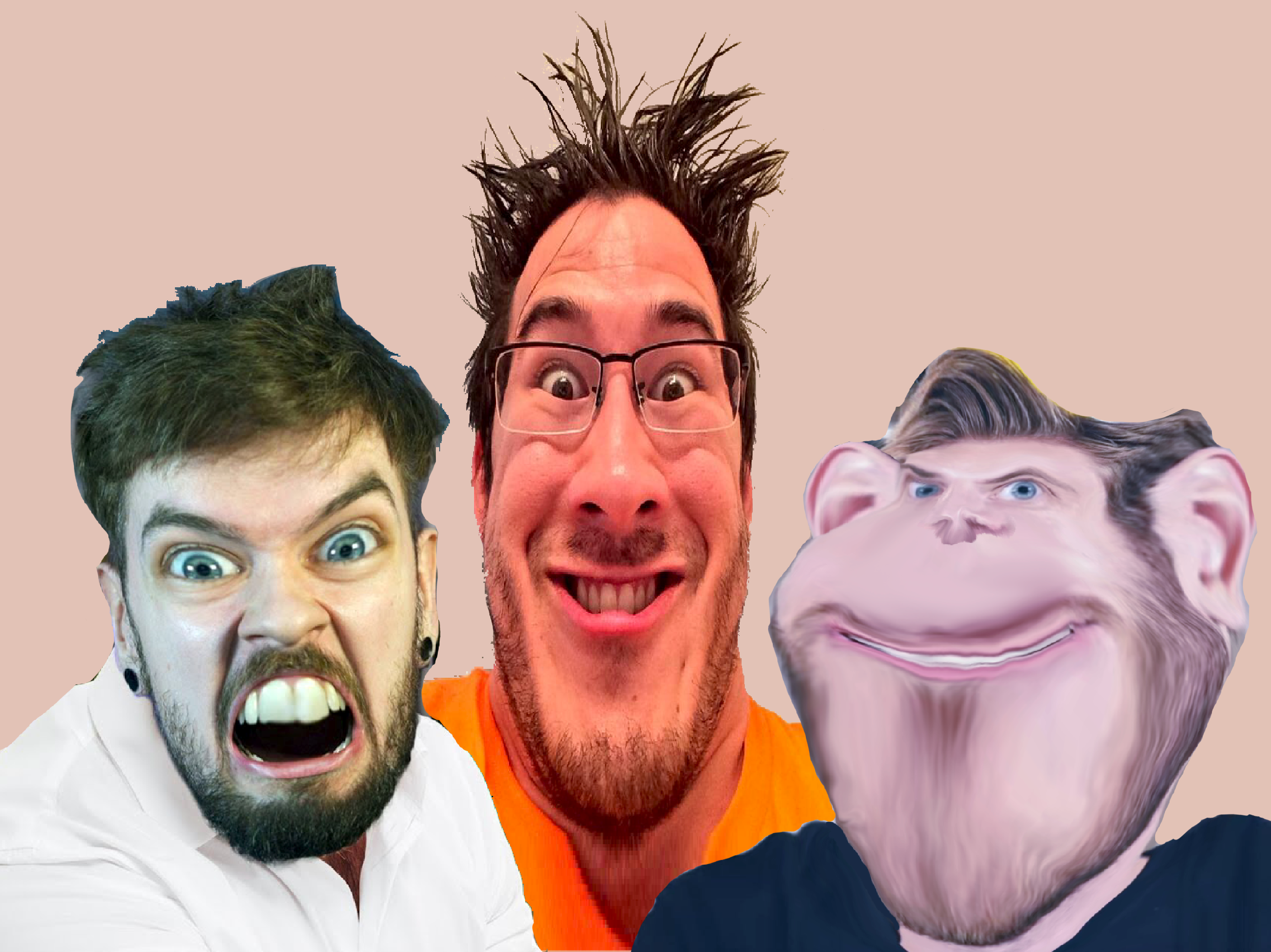 feraljak, impish soyak ears, markiplier soyjak, 3soyjaks, blue eyes, blue shirt, brown eyes, distorted, ear, glasses