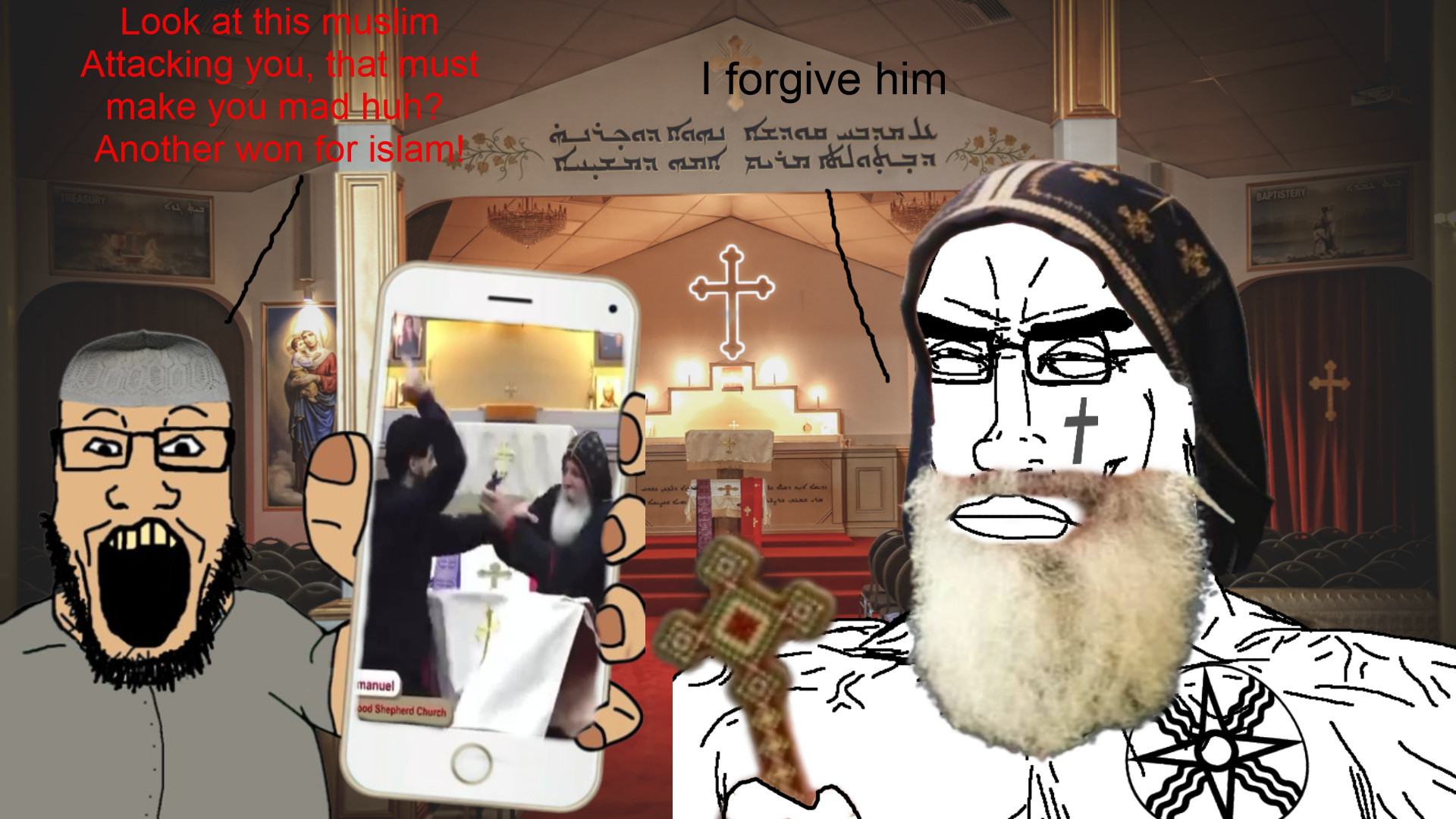 chudjak, markiplier soyjak, perceptive chud, phoneplier vertical, showing phone, 2soyjaks, angry, arab, aramaic, aramaic text