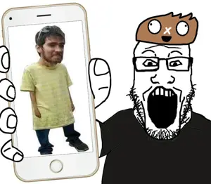markiplier soyjak, showing phone, clothes, doomentio, doomposting, doomverse, glasses, hands, hat, holding object