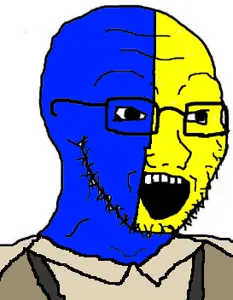 soyak, blue skin, clothes, glasses, open mouth, soyjak, stubble, yellow skin, ena