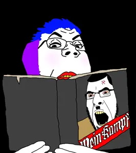 cobson, gapejak, 2soyjaks, adolf hitler, blue hair, blush, book, clothes, eyelashes, frown