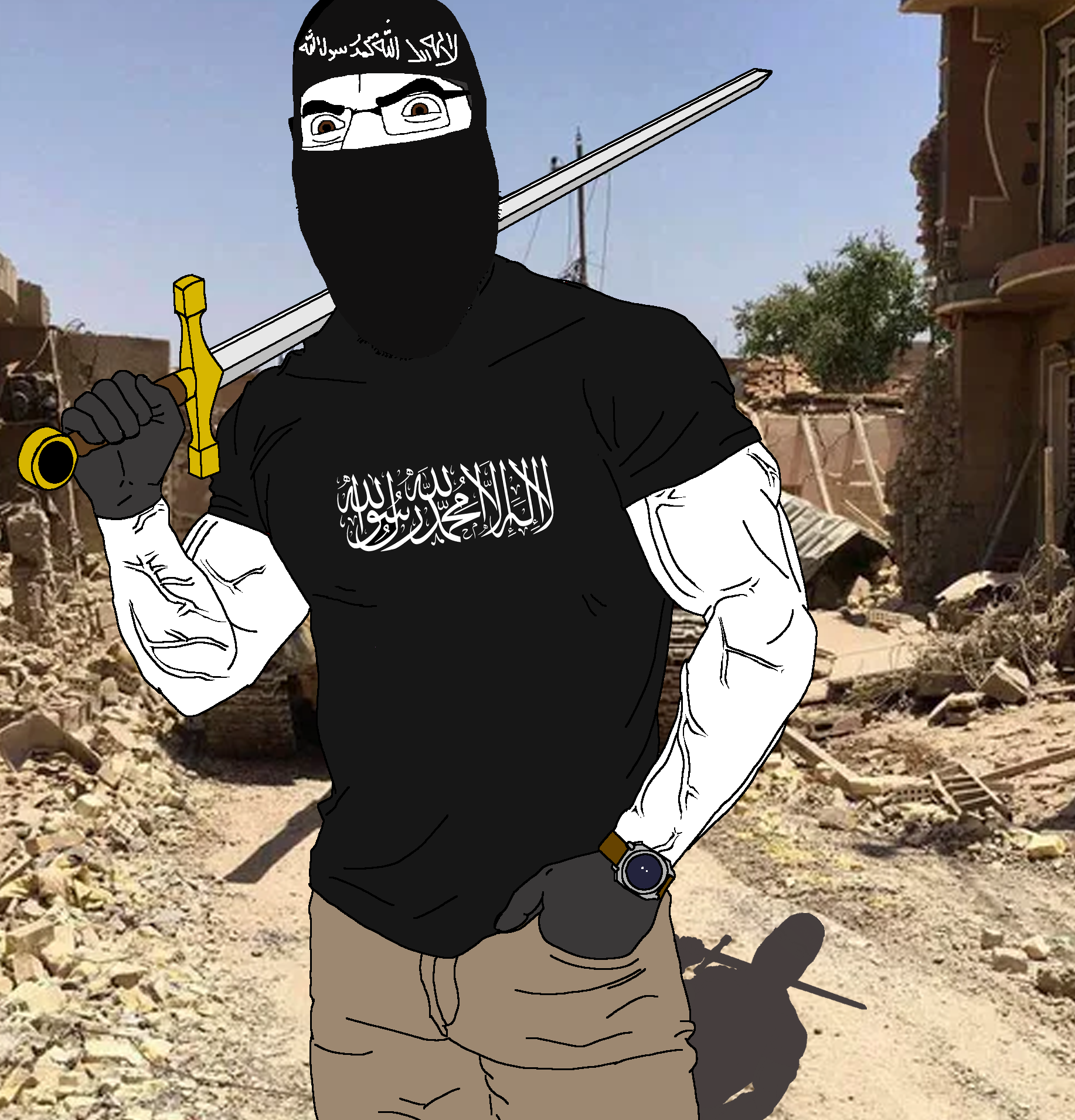 cobson, arab, arabic text, black shirt, blonde hair, brown eyes, buff, clothes, dawla, fallujah