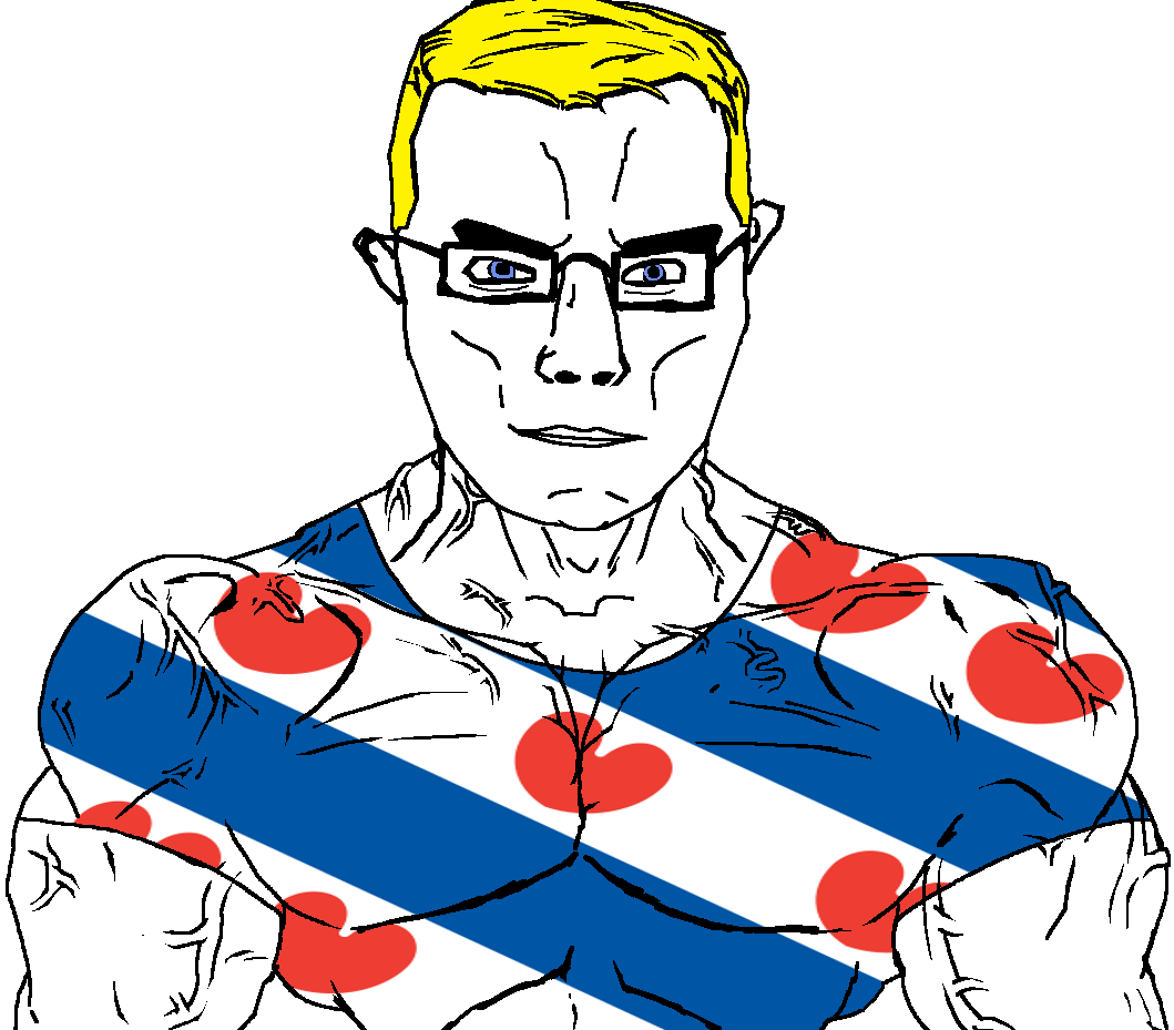 chudjak, chudjak front, muscular chud, arm, blonde hair, blue eyes, buff, closed mouth, clothes, flag