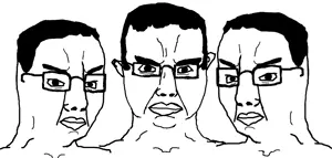 chudjak, chudjak front, 3soyjaks, chudjak brothers, closed mouth, ear, glasses, hair, looking at you, soyjak