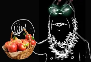 gapejak, thougher, angry, apple, arm, basket, blur, food, frown, fruit