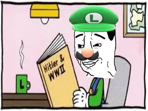 luigi, mario, chudjak, adolf hitler, closed mouth, clothes, cup, green, hair, hat