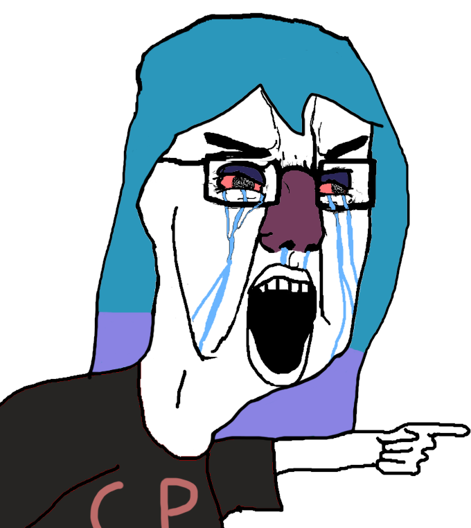 chudjak, angry, bloodshot eyes, blue hair, chud, crying, doomentio, doomposting, doomverse, eyebrows
