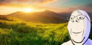 gapejak, wholesome soyjak, glasses, grass, irl background, looking to the left, mountain, smile, soyjak, stubble