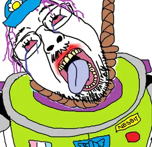 buzz lightyear, bernd, hanging troonjak, troonjak, ack, bloodshot eyes, clothes, crying, glasses, hanging