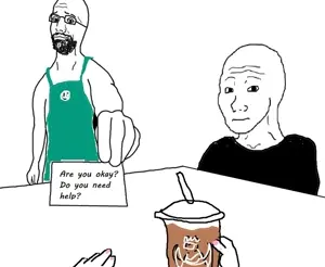 wojak, bartender, coffee, drink, sitting, starbucks, table