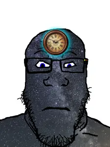 dersoylentdrinker, markiplier soyjak, neutralplier, bald, blue eyes, clock, closed mouth, dark skin, glasses, glowing