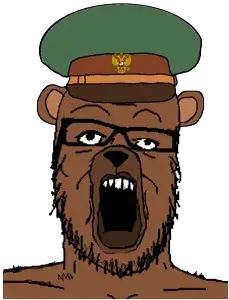 a24 slowburn soyjak, animal, bear, brown skin, cap, clothes, ear, glasses, hat, military