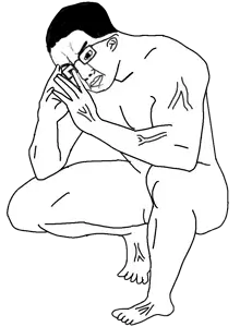 chudjak, buff, full body, glasses, kneel, kneeling, muscles, naked, thinking, transparent