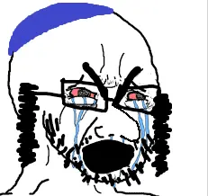 cryboy soyjak, bloodshot eyes, bushy eyebrows, clothes, crying, glasses, hat, judaism, kippah, large nose