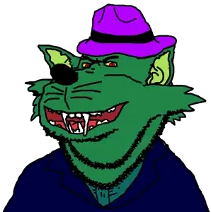 impish soyak ears, animal, clothes, fangs, fedora, furry, green skin, soyjak, suit, teeth