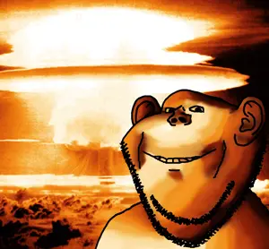 dersoylentdrinker, impish soyak ears, ear, explosion, grin, irl background, looking at you, mushroom cloud, no glasses, nuclear explosion