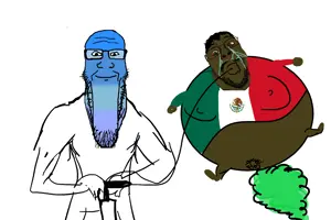 bernd, markiplier soyjak, 2soyjaks, air inflation, air pump, blood, bloodshot eyes, blue skin, brown skin, calm