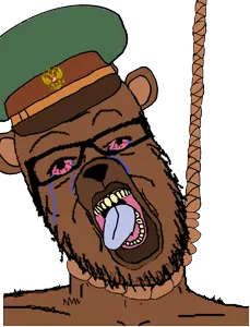 a24 slowburn soyjak, animal, bear, bloodshot eyes, brown skin, cap, clothes, crying, ear, glasses