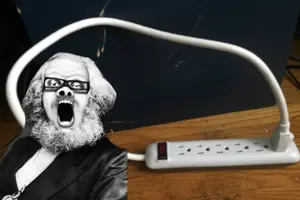 a24 slowburn soyjak, clothes, communism, glasses, irl background, karl marx, open mouth, real life, teeth