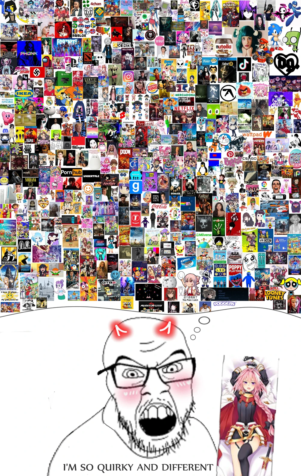 astolfo, baldi, boyfriend (friday night funkin'), donald trump, garfield, gigachad, hatsune miku, luigi, mickey mouse, patrick bateman