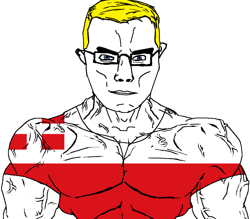 chudjak, chudjak front, muscular chud, arm, blonde hair, blue eyes, buff, closed mouth, clothes, flag