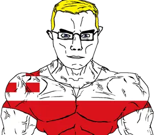 chudjak, chudjak front, muscular chud, arm, blonde hair, blue eyes, buff, closed mouth, clothes, flag