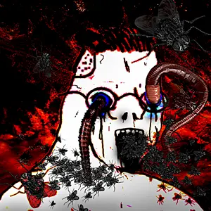 zoomer, animal, blood, blue eyes, bug, distorted, eating, fly, glasses, hair