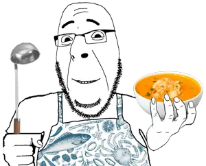 cobson, apron, clothes, cooking, fist, food, glasses, hands, holding object, ladel