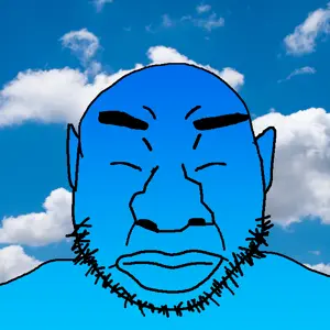 quanjak, beard, blue, blue skin, calm, closed mouth, cloud, ear, hair, soyjak