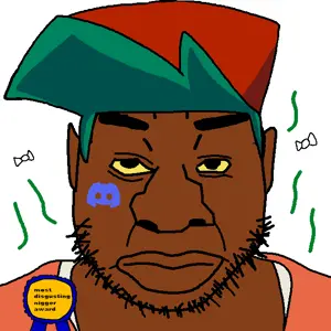 esl fnf pedo, quanjak, award, blue hair, brown skin, closed mouth, discord, orange shirt, shitskin, stinky