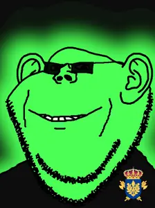 impish soyak ears, glowie, black background, ear, glasses, glowing, green skin, smile, stubble, sunglasses