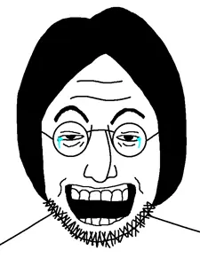 lennonjak, eyebrows, forehead lines, glasses, hair, laughing, nose, open mouth, soyjak, stubble