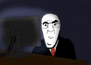 godjak, clothes, computer, dark room, desk, light, monitor, suit