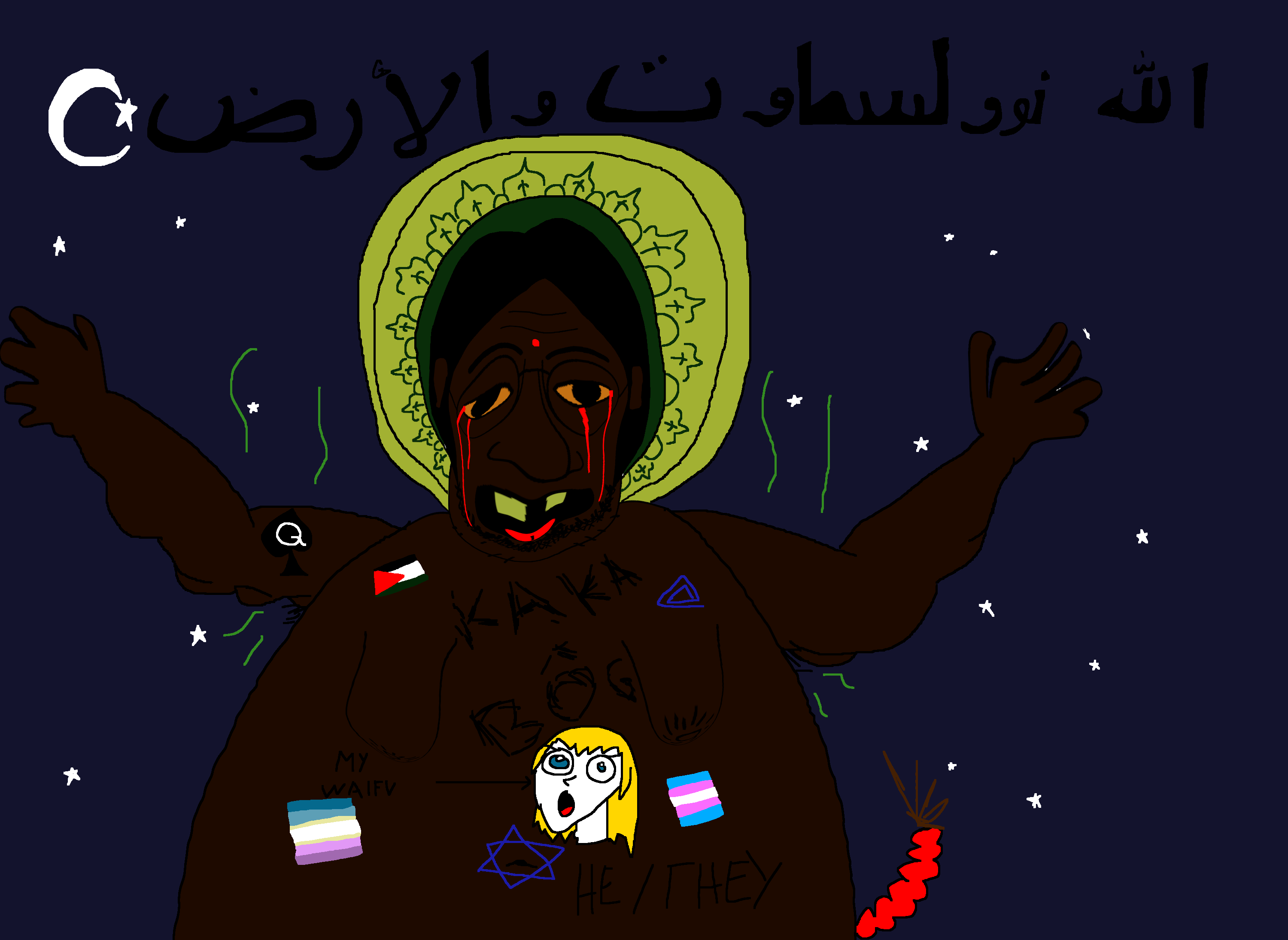 lennonjak, slopjak, allah, anime, arab, arabic text, black skin, crescent, crescent and star, david star