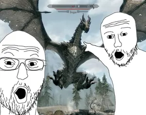two pointing soyjaks,  (skyrim), 2soyjaks, arm, dragon, glasses, hands, mustache, open mouth, pointing