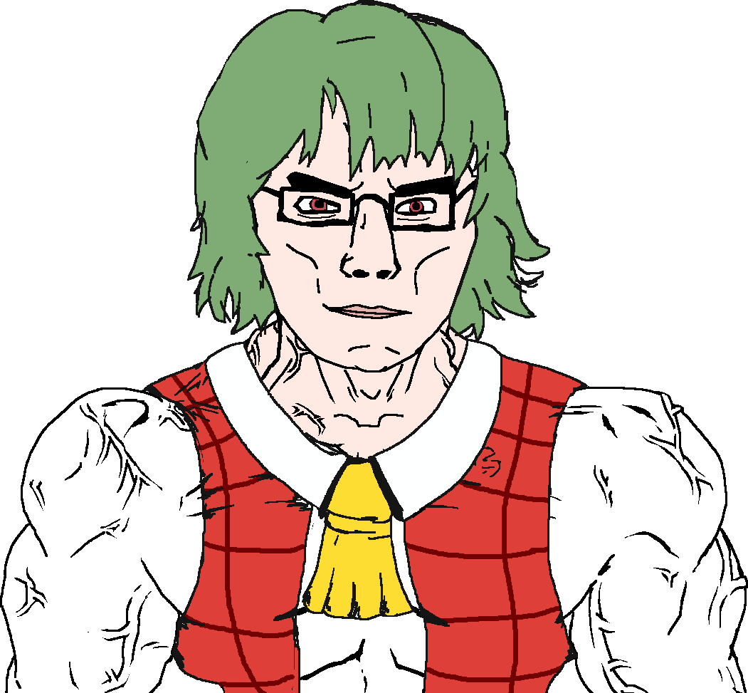 yuuka kazami, chudjak, chudjak front, female muscular chud, muscular chud, angry, anime, buff, closed mouth, clothes