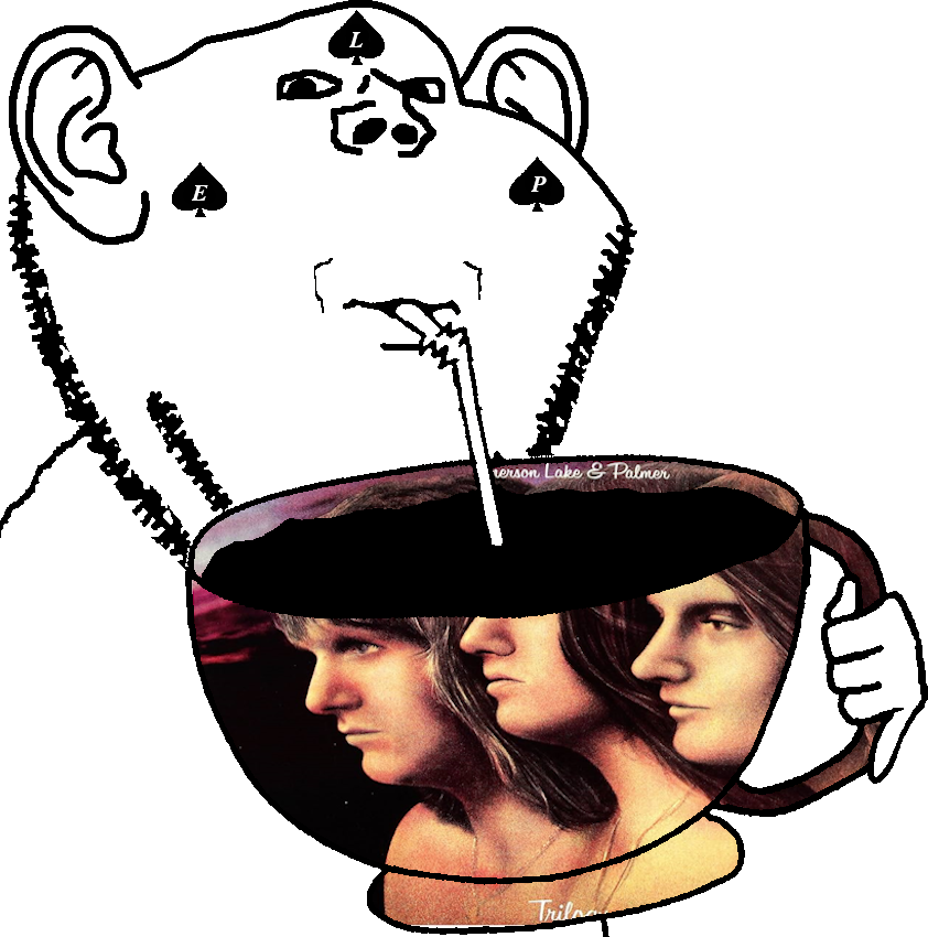 impish soyak ears, impdrink, album cover, cup, drinking, drinking straw, ear, emerson lake and palmer, hands, holding object