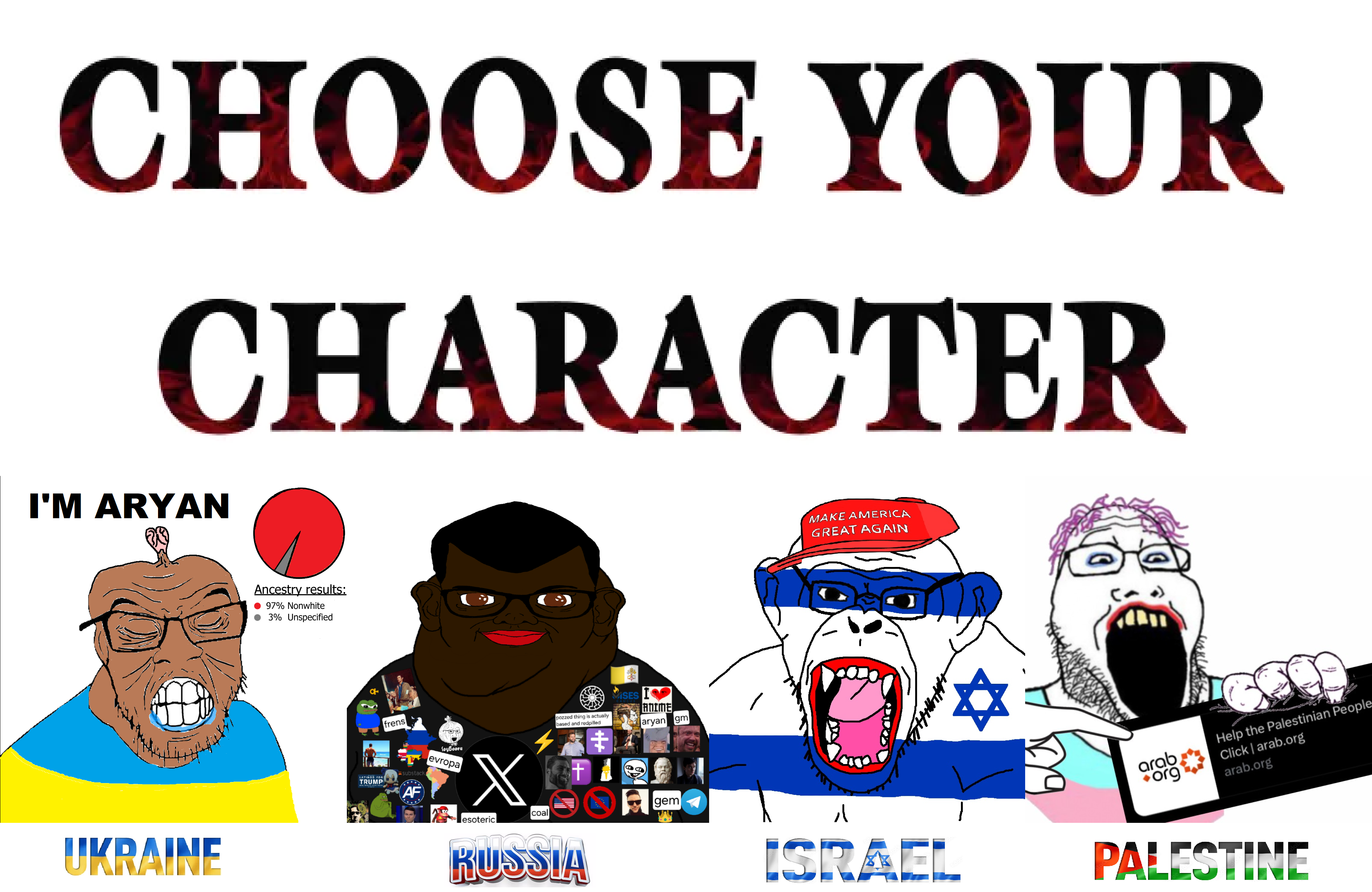 apu, cirno, donald trump, gigachad, groyper, pepe, bernd, brandon, feraljak, markiplier soyjak2