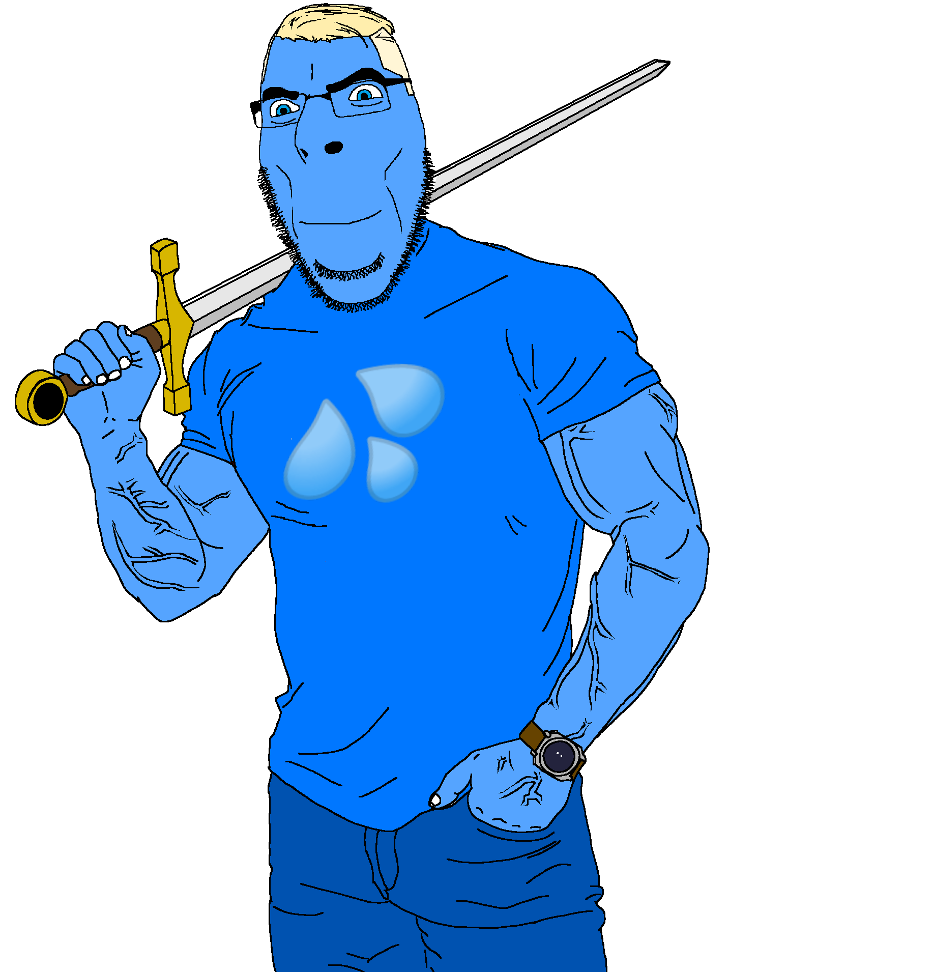 cobson, gemmy, a10 eyes, blonde hair, blue pants, blue shirt, blue skin, buff, clothes, glasses
