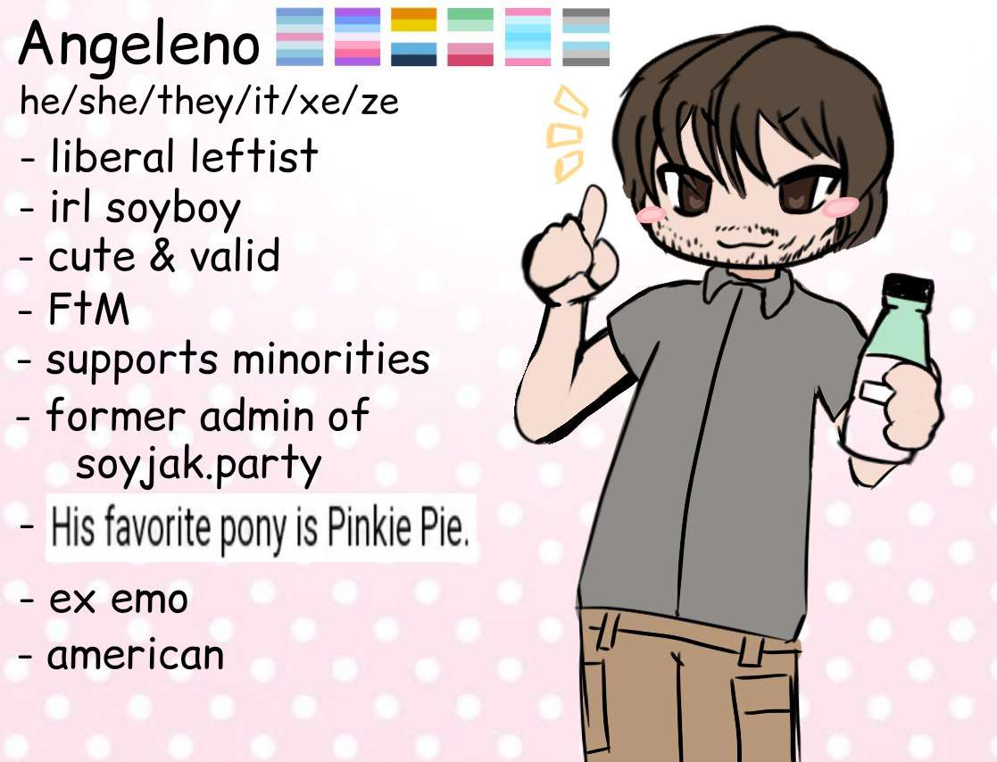 unknown, admin, anime, art, blush, brown eyes, brown hair, cargo shorts, drink, gray shirt