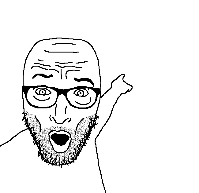 solo pointing soyjak, 1soyjak, arm, bald, glasses, hands, looking at you, monochrome, open eyes, open mouth