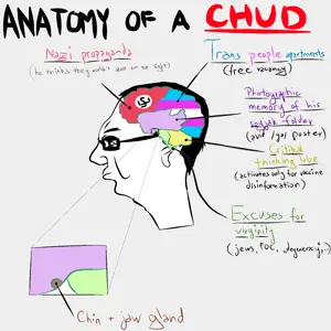 chudjak, /qa/ (4chan), anatomy, angry, brain, chud, closed mouth, diagram, ear, flag