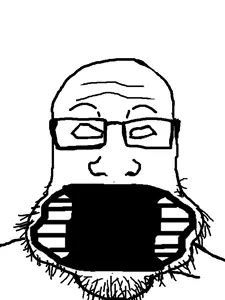 markiplier soyjak, bald, eyebrows, glasses, horizontal mouth, monochrome, nose, open mouth, soyjak, stubble