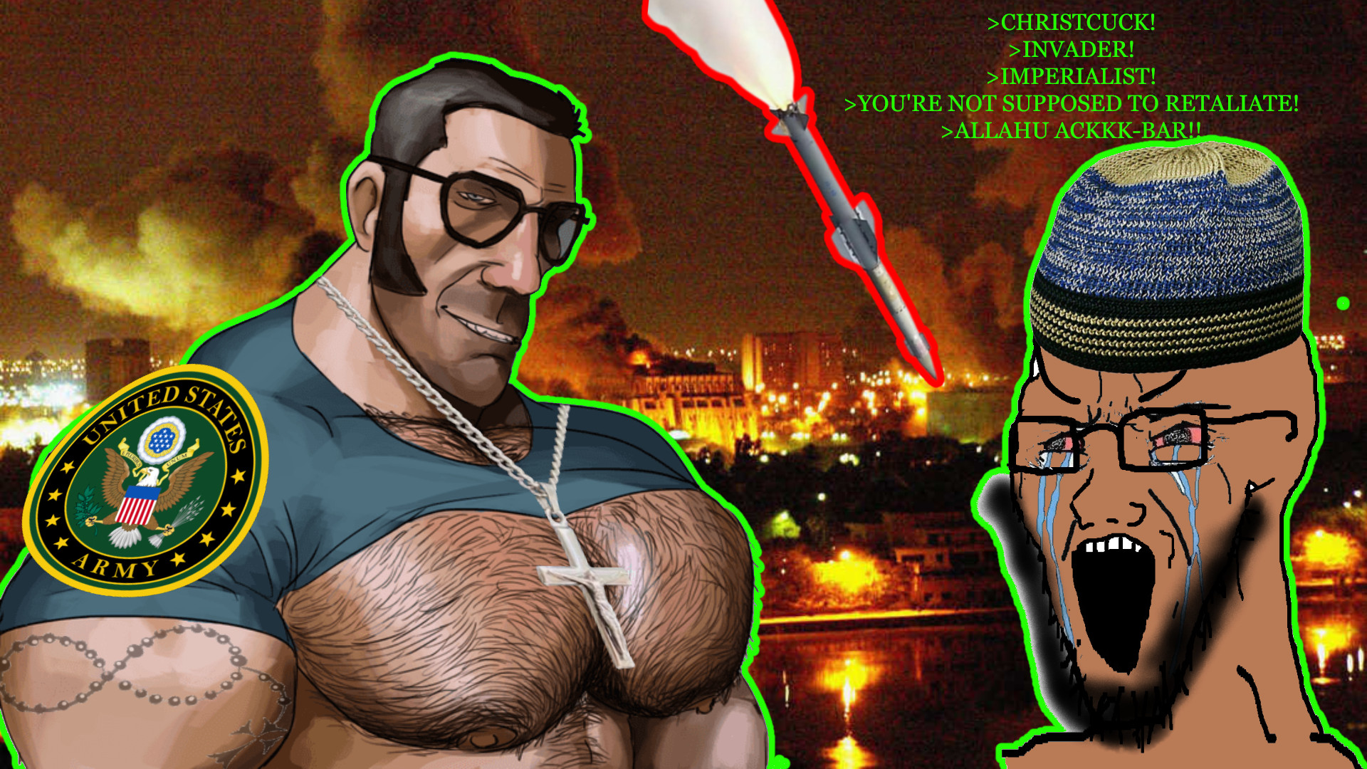 sniper (team fortress 2), soyak, army, beard, bloodshot eyes, bombing, brown skin, christian cross, christian identity, christianity
